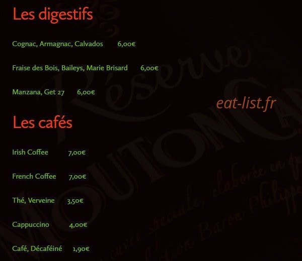 Carte et menu de L’Agneau à la Braise à Bordeaux — Les digestifs et cafés