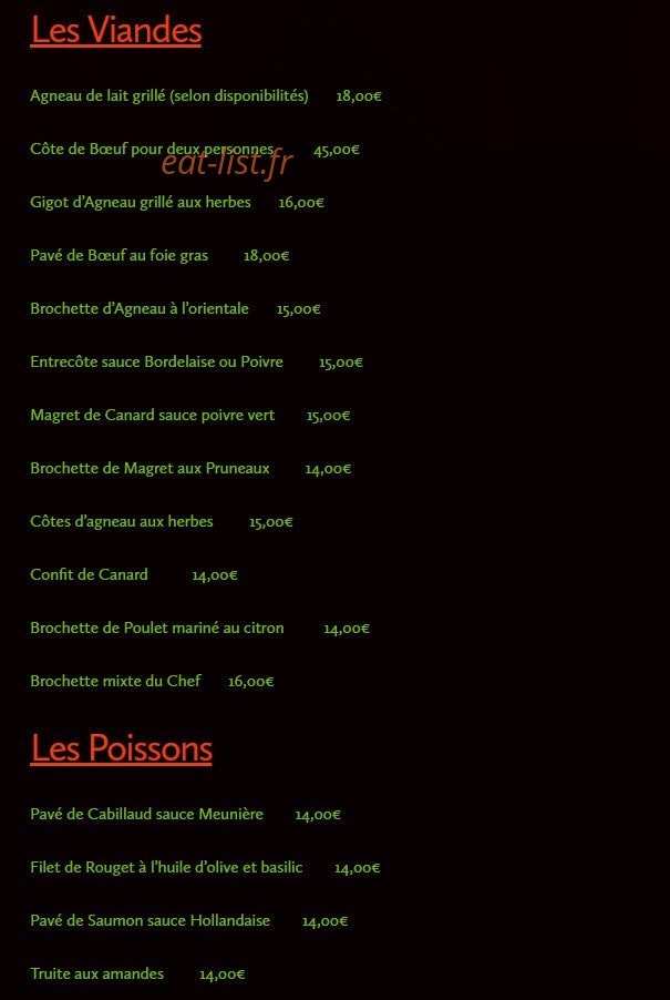 Carte et menu de L’Agneau à la Braise à Bordeaux — Les viandes et poissons