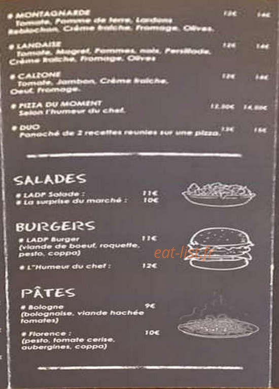 Carte et menu de L’atelier du pizzaiolo « LADP à Bordeaux — Les salades, burgers et pates