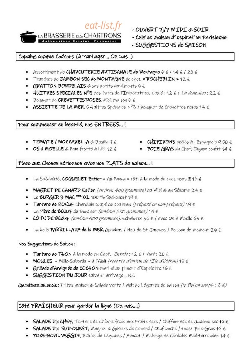 La Brasserie des Chartrons — carte page 1