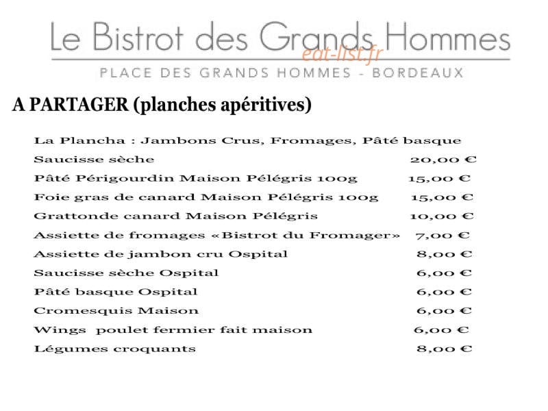 Le Bistrot des Grands Hommes — carte page 1