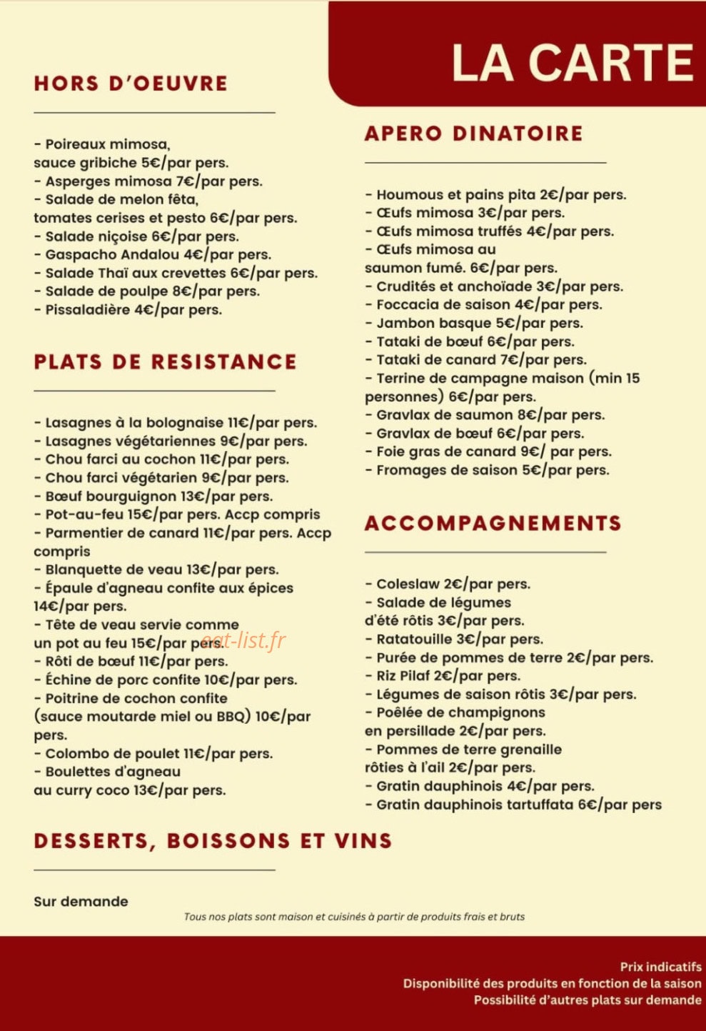 Le Traiteur Bordelais — carte page 1