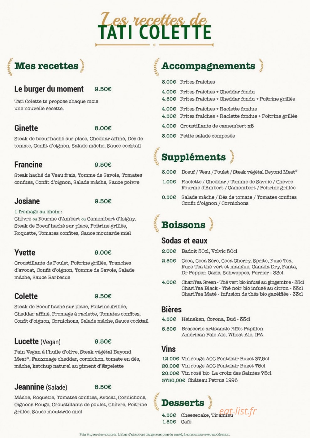 Les burgers de Colette — carte page 1
