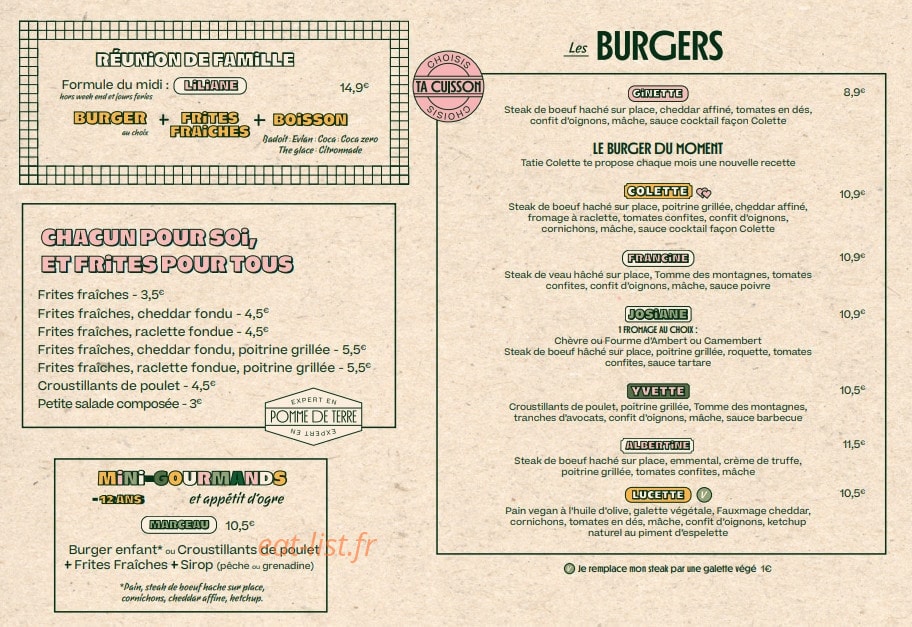 Les Burgers de Colette — carte page 1
