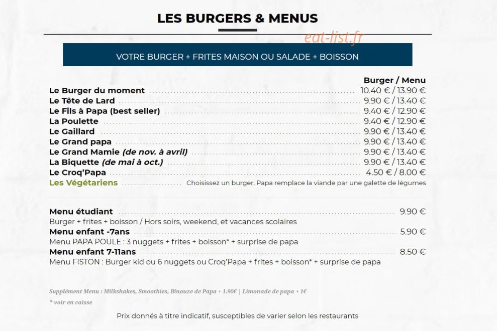 Les Burgers de Papa — carte page 2