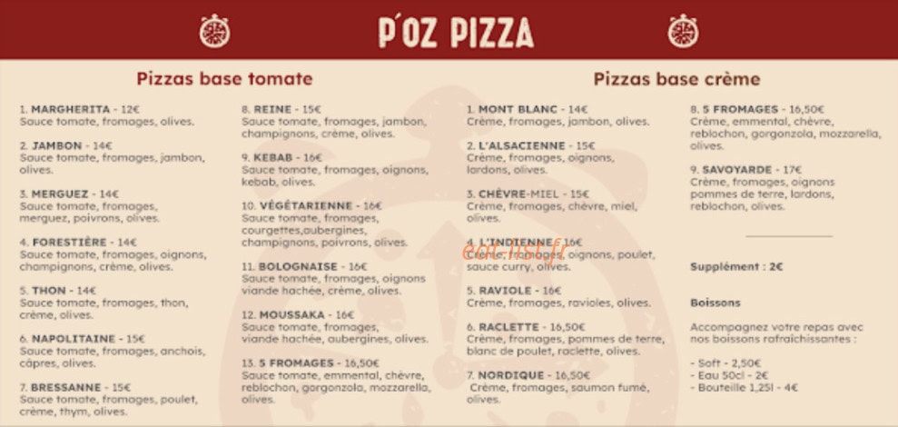 P’oz pizza — carte page 1