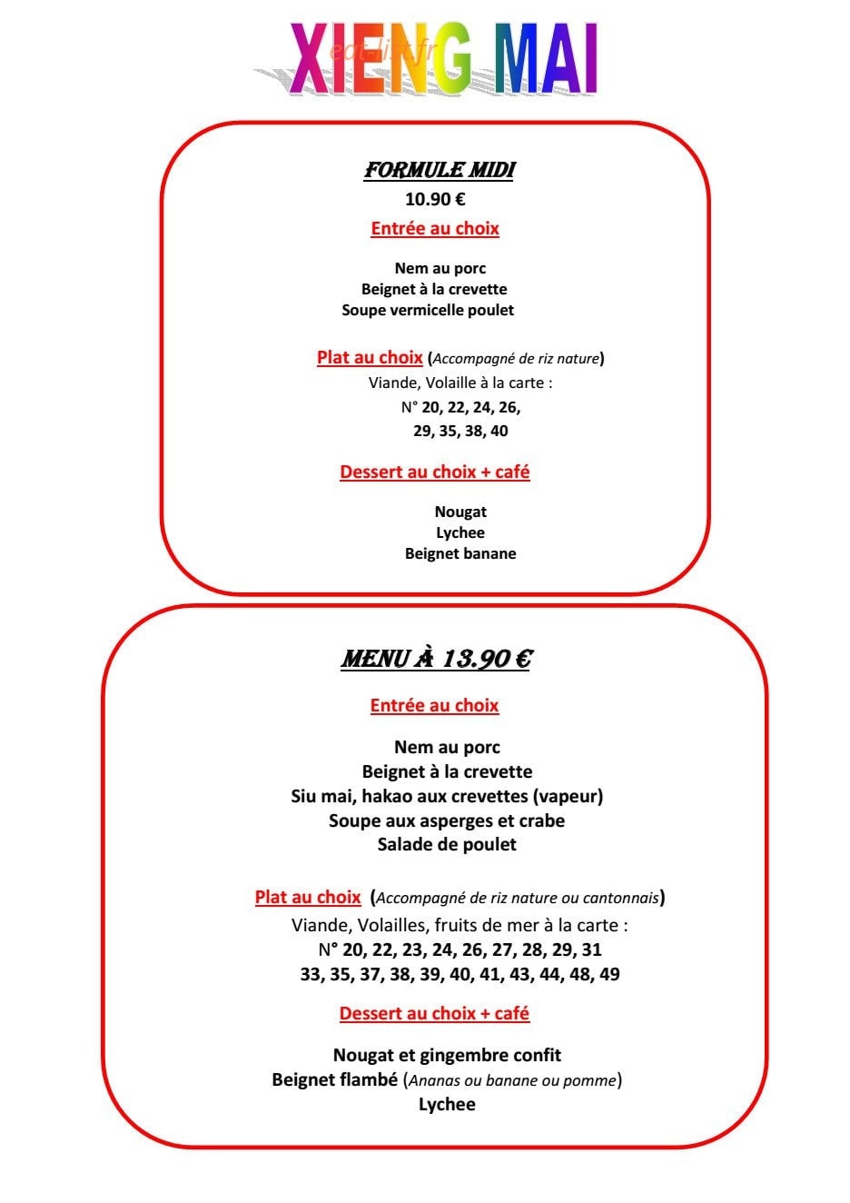 Restaurant Xieng Mai — carte page 1