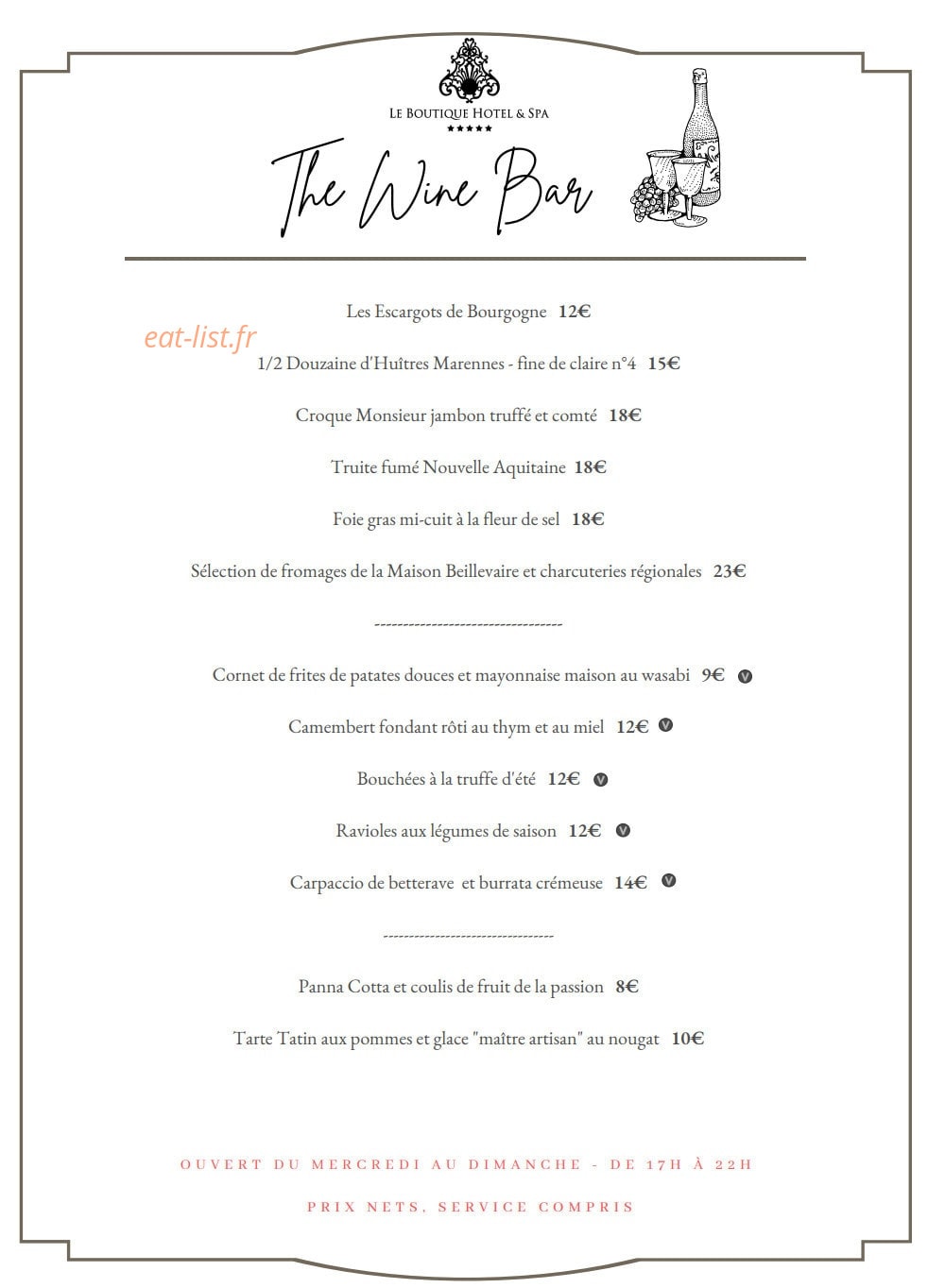 The Wine Bar — carte page 1