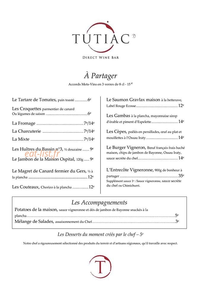 Tutiac Wine Bar — carte page 1