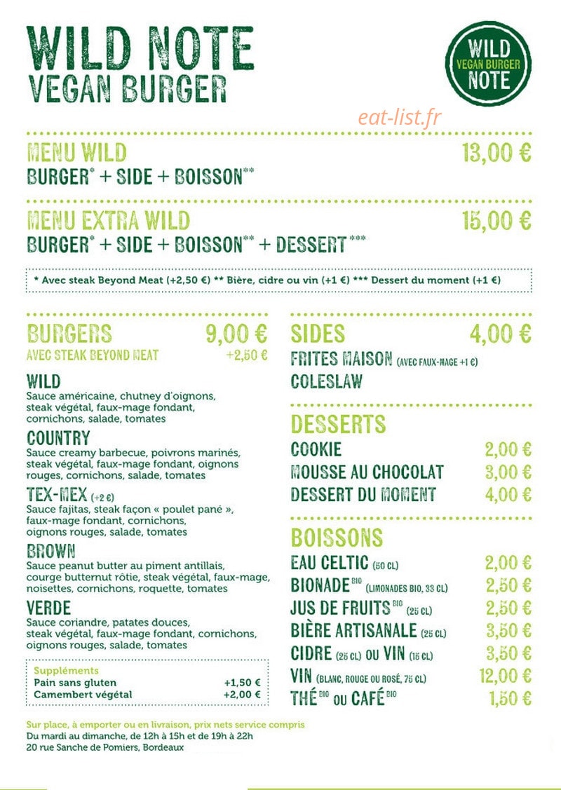Wild Note Vegan Burger — carte page 1