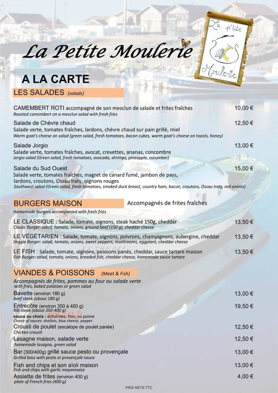 Carte et menu de La Petite Moulerie à Arcachon — Salades, burgers maison, viandes, ...