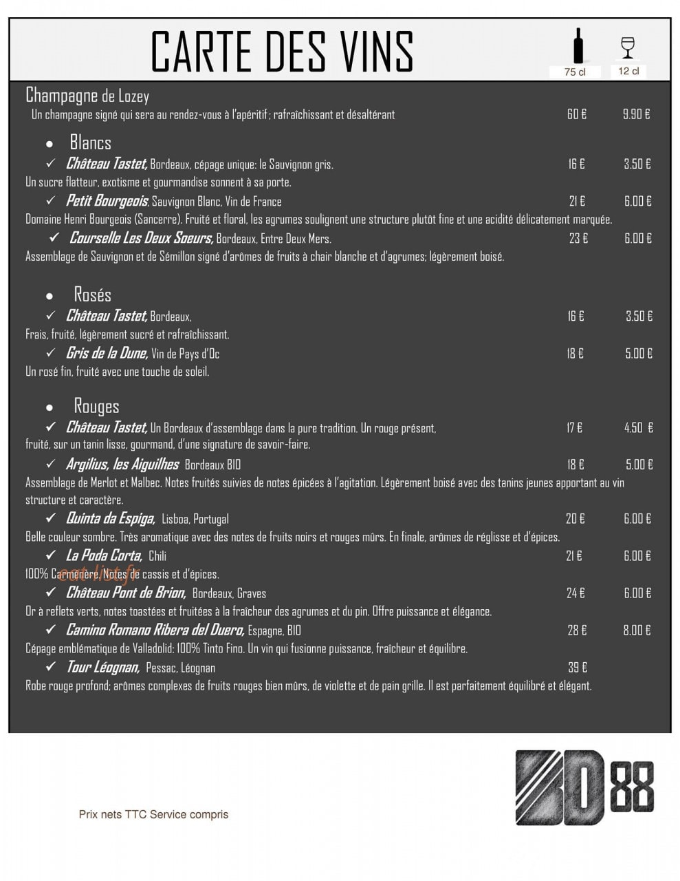 Restaurant BD 88 — carte page 9