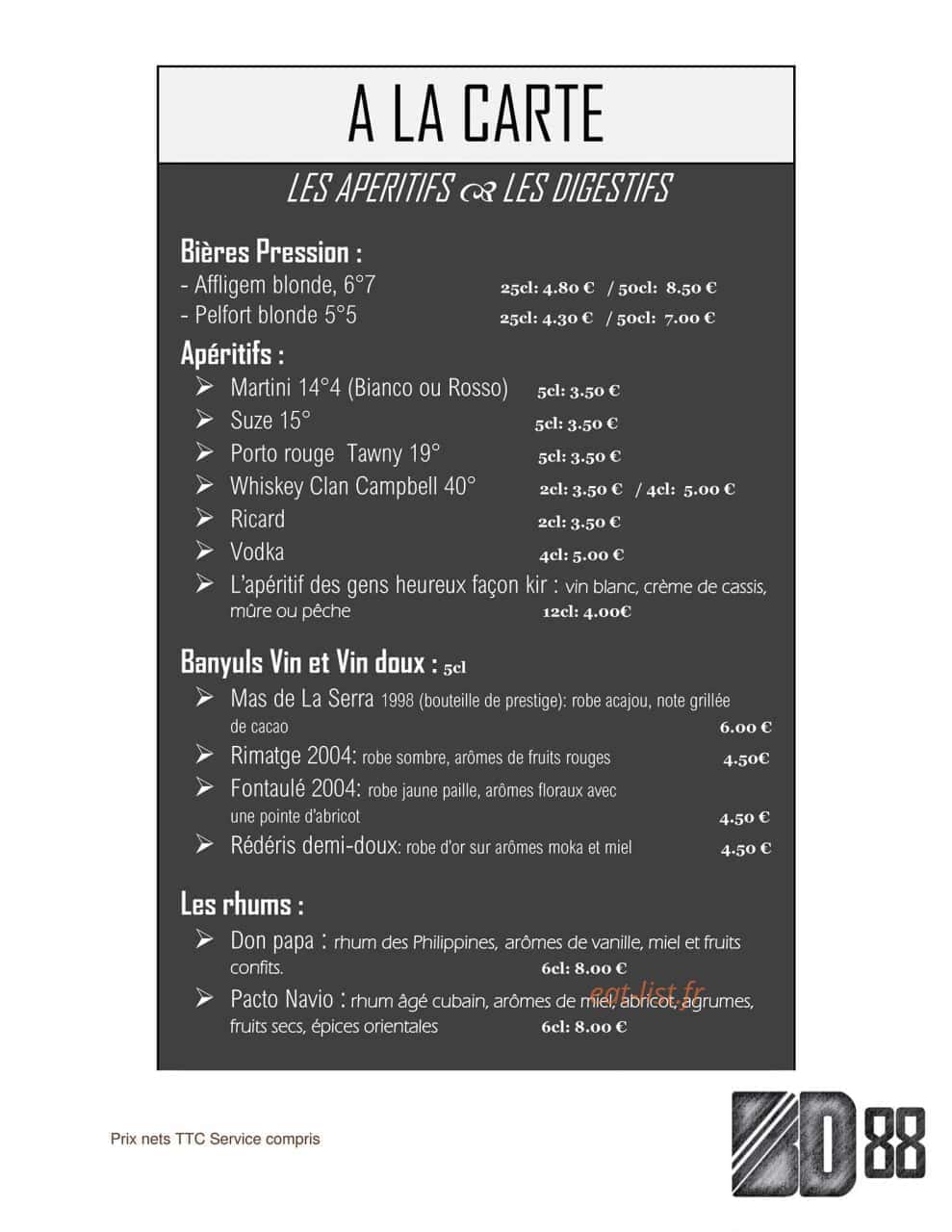 Restaurant BD 88 — carte page 1