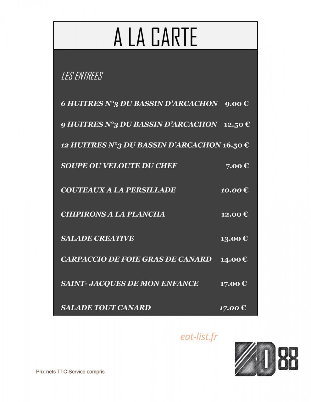 Restaurant BD 88 — carte page 2