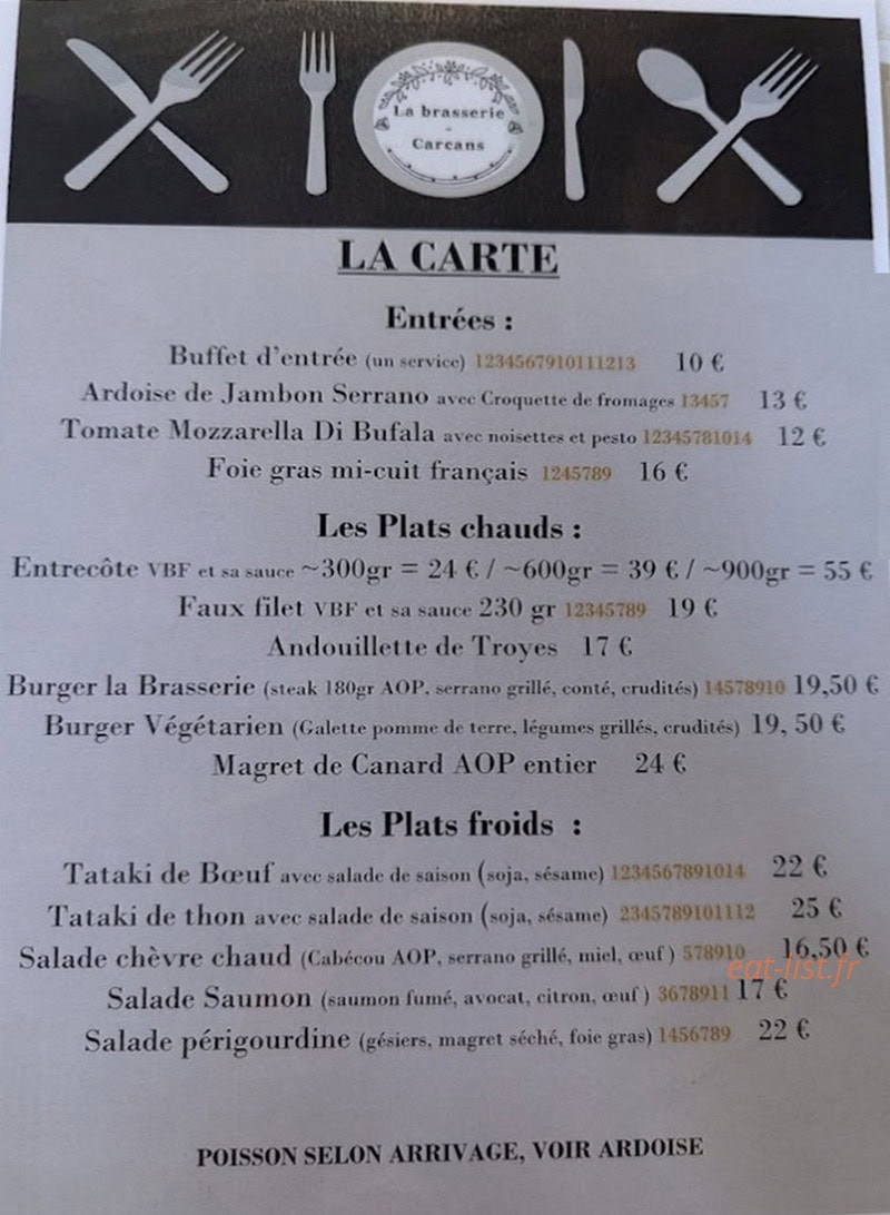 La Brasserie — carte page 1