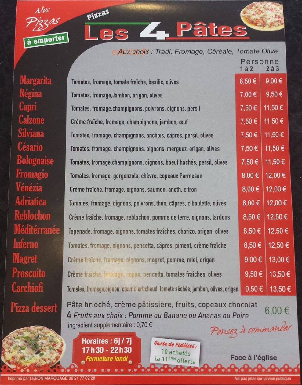 Les 4 Pâtes — carte page 1