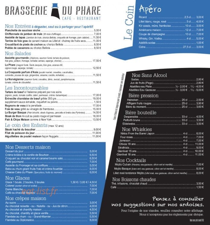 La Brasserie Du Phare — carte page 1