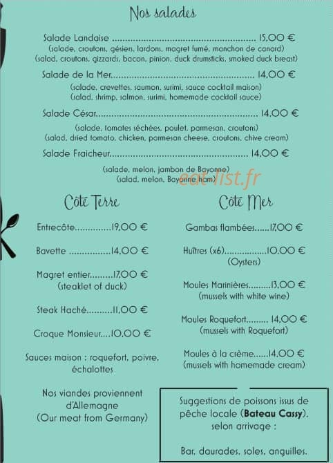 Carte et menu de La brasserie du Port à Le Verdon sur Mer — Salades, côté terre et mer