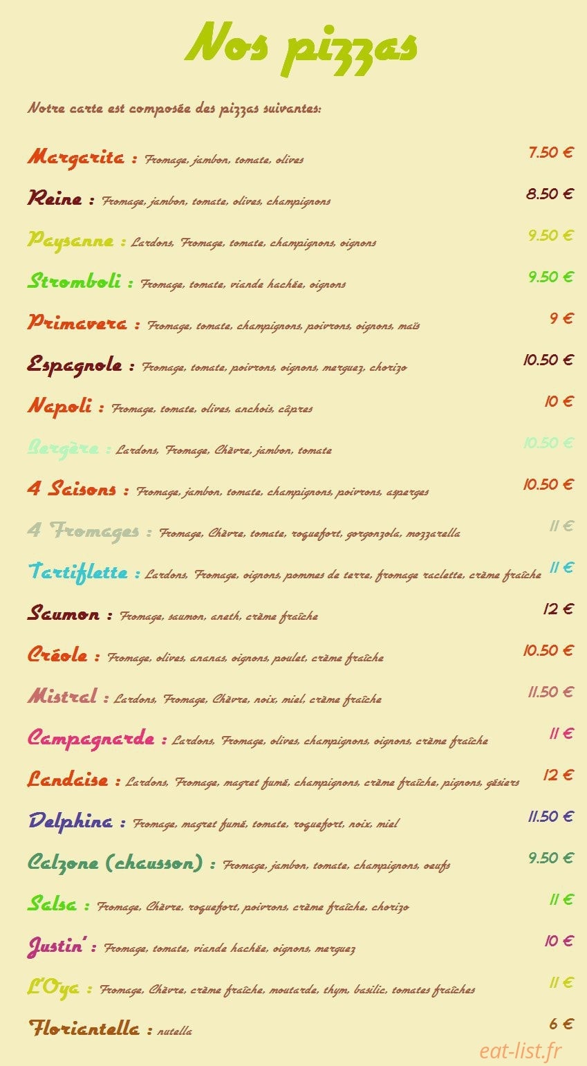 Seventies Pizz — carte page 1