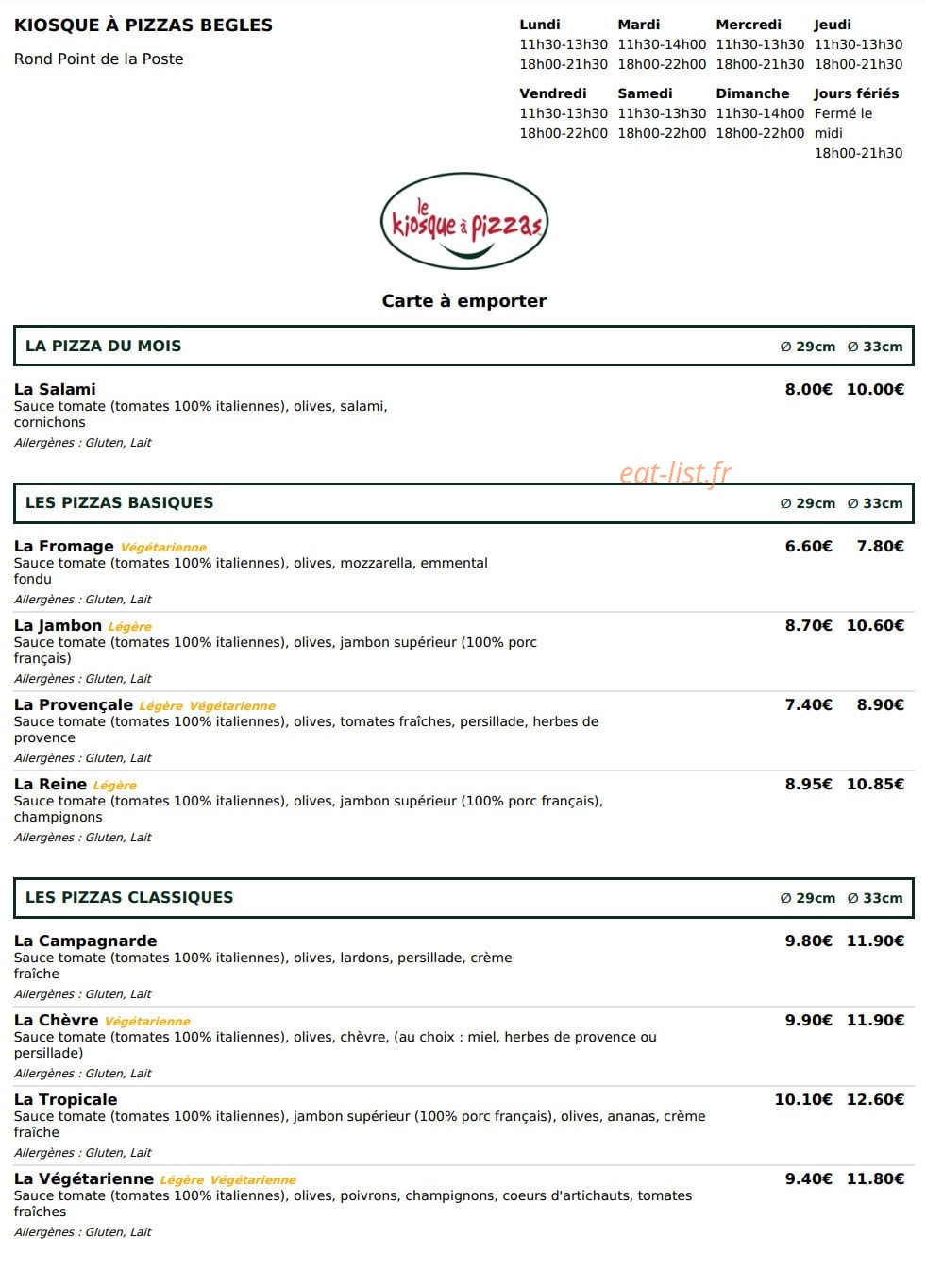 Le Kiosque à Pizzas — carte page 1