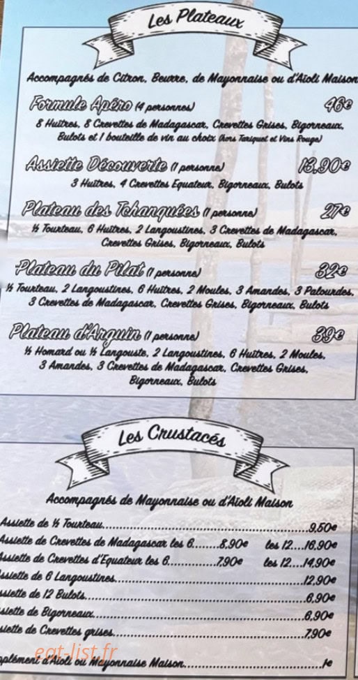 Carte et menu de La Maison Fraiche à Lanton — Les plateaux et crustacés