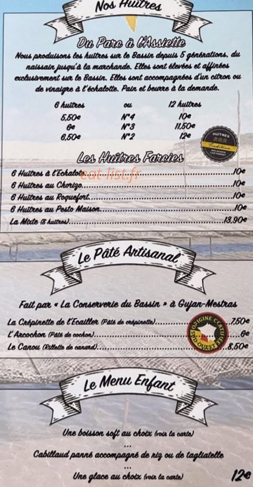 Carte et menu de La Maison Fraiche à Lanton — Les huitres, pâté artisanal et menu enfant