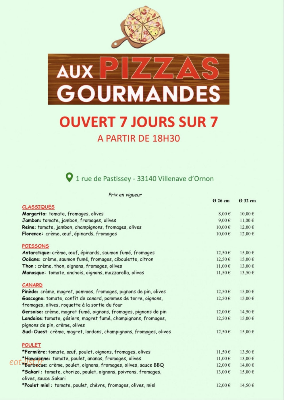 Carte et menu de Aux Pizzas Gourmandes à Villenave d'Ornon — Les pizzas
