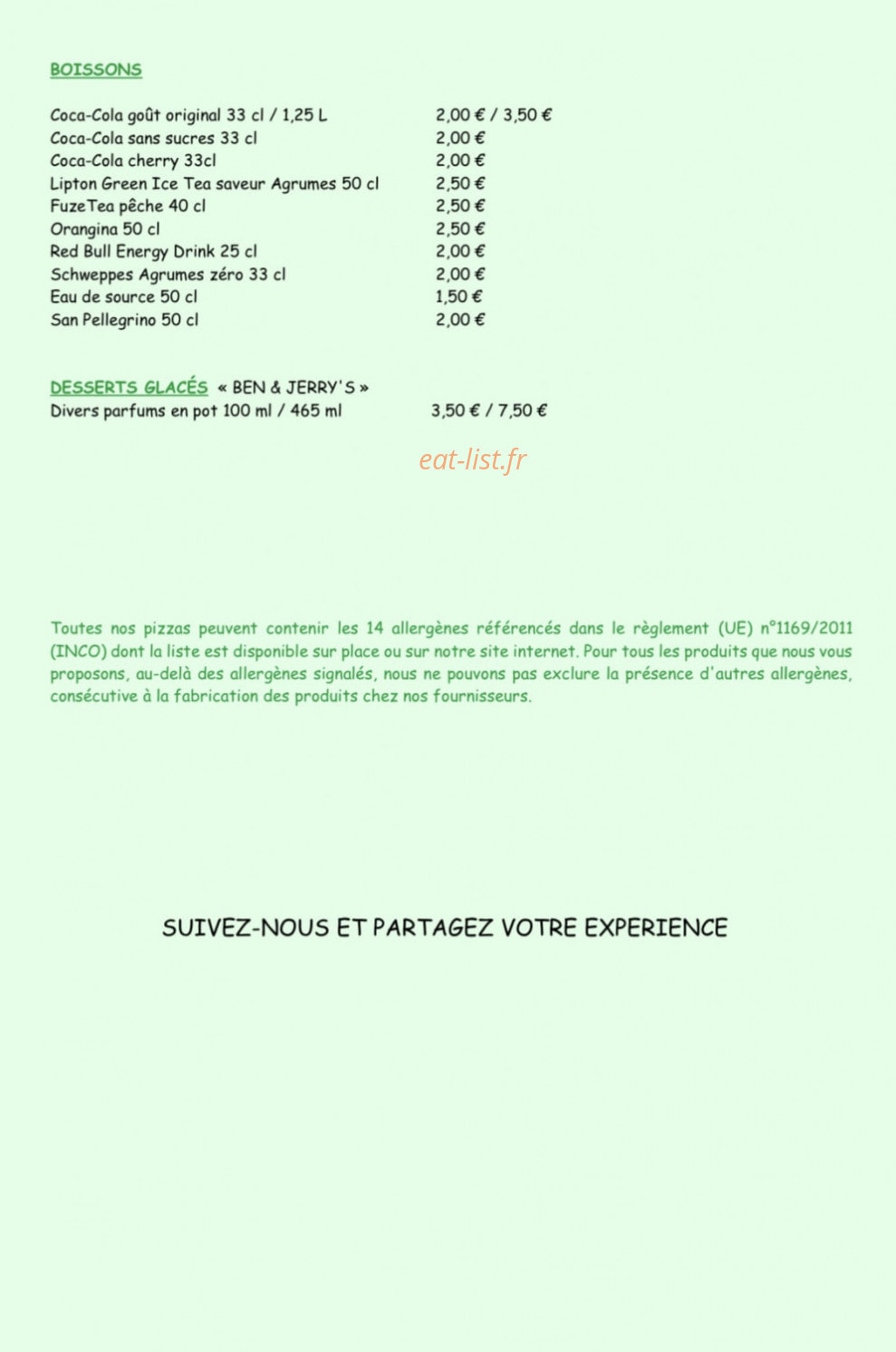 Carte et menu de Aux Pizzas Gourmandes à Villenave d'Ornon — Les boissons et desserts