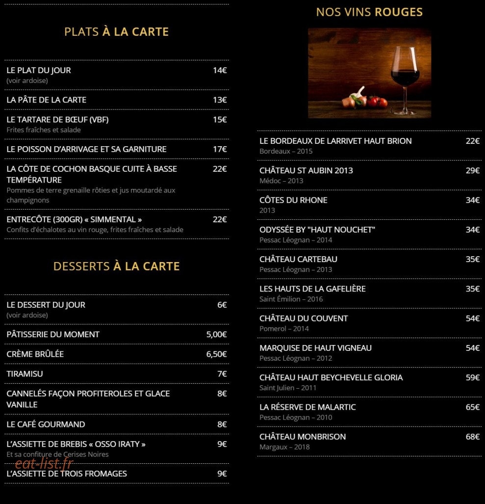 Carte et menu de Club House Tchanque à Villenave d'Ornon — Les plats, desserts et vins rouges