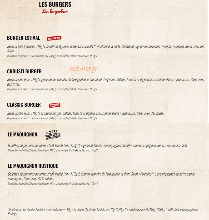 Carte et menu de La Boucherie à Villenave d'Ornon — Les burgers