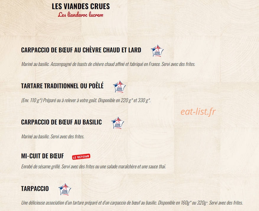 Carte et menu de La Boucherie à Villenave d'Ornon — Les viandes crues