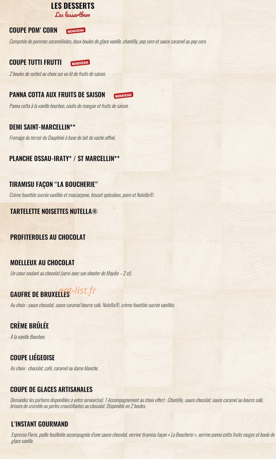 Carte et menu de La Boucherie à Villenave d'Ornon — Les desserts