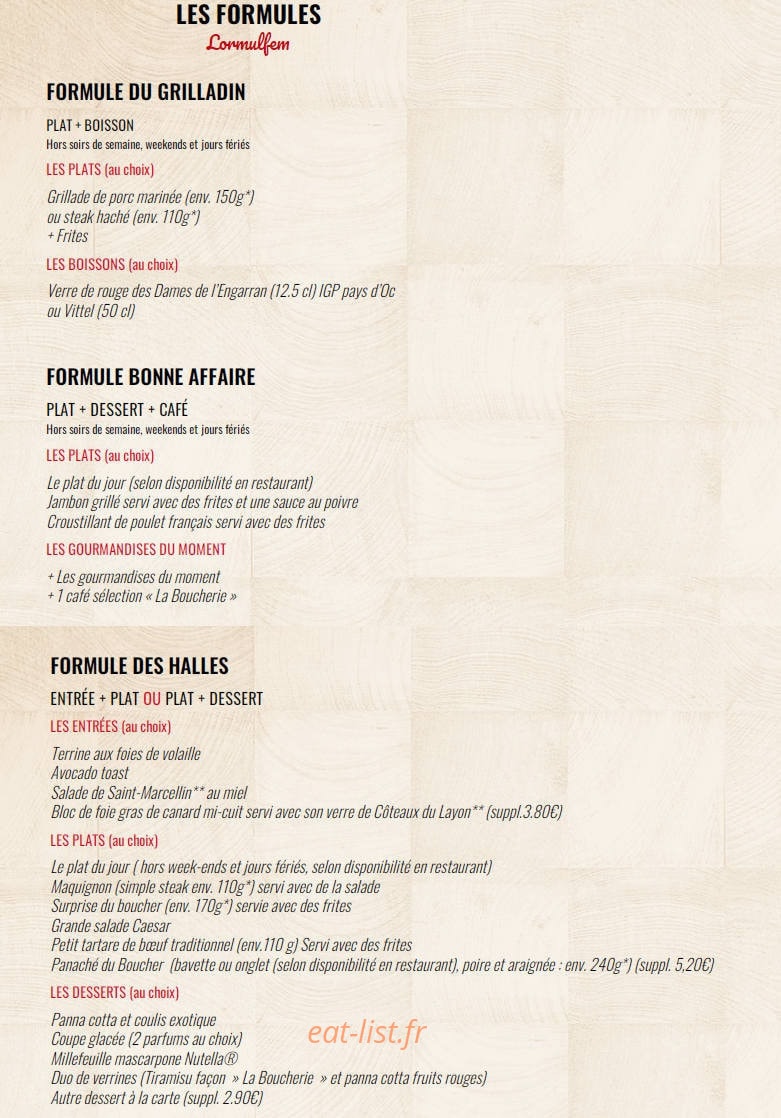 Carte et menu de La Boucherie à Villenave d'Ornon — Les formules