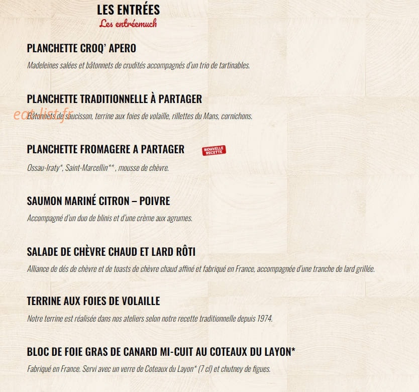 Carte et menu de La Boucherie à Villenave d'Ornon — Les entrées