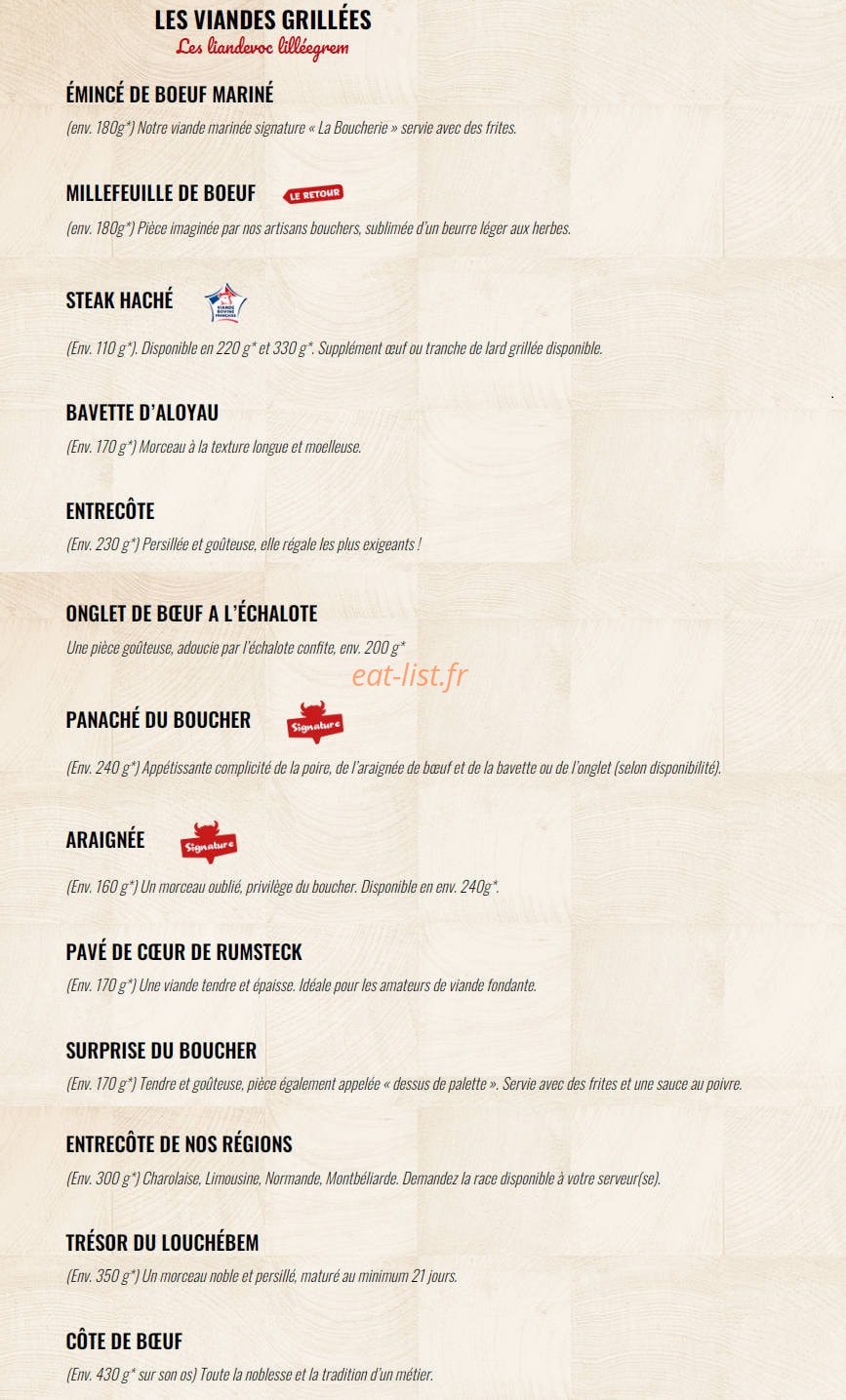 Carte et menu de La Boucherie à Villenave d'Ornon — Les viandes grillées