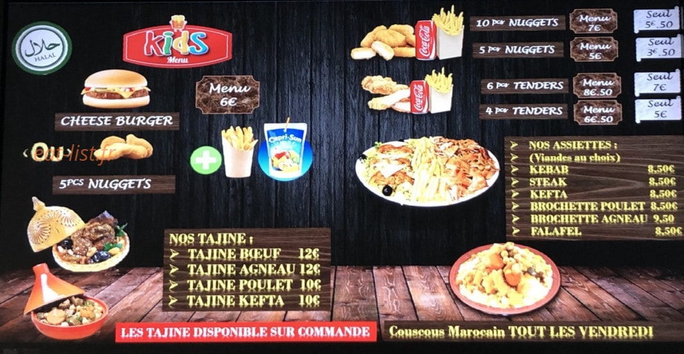 Carte et menu de Le royal palace à Villenave d'Ornon — Le menu enfant, tajines, assiettes...