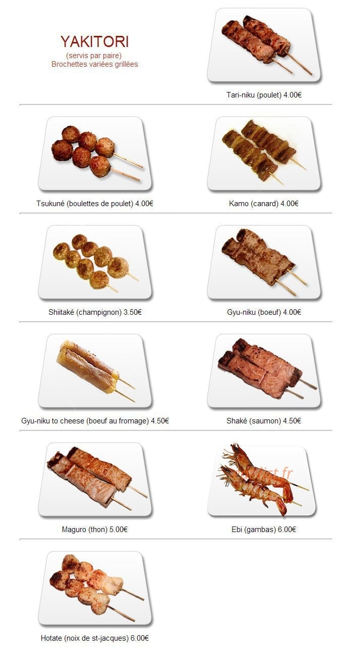 Carte et menu de Yukita à Villenave d'Ornon — Les yakitoris