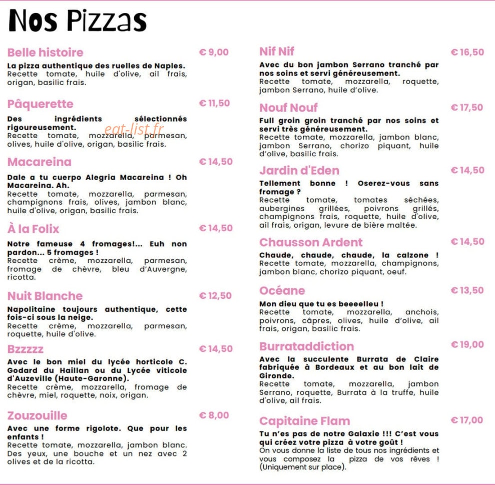 Carte et menu de À la Folie Pizzeria à Saint Medard en Jalles — Les pizzas