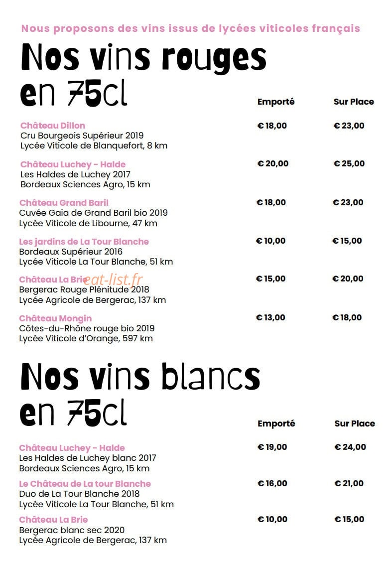 Carte et menu de À la Folie Pizzeria à Saint Medard en Jalles — Les vins rouges et vins blancs