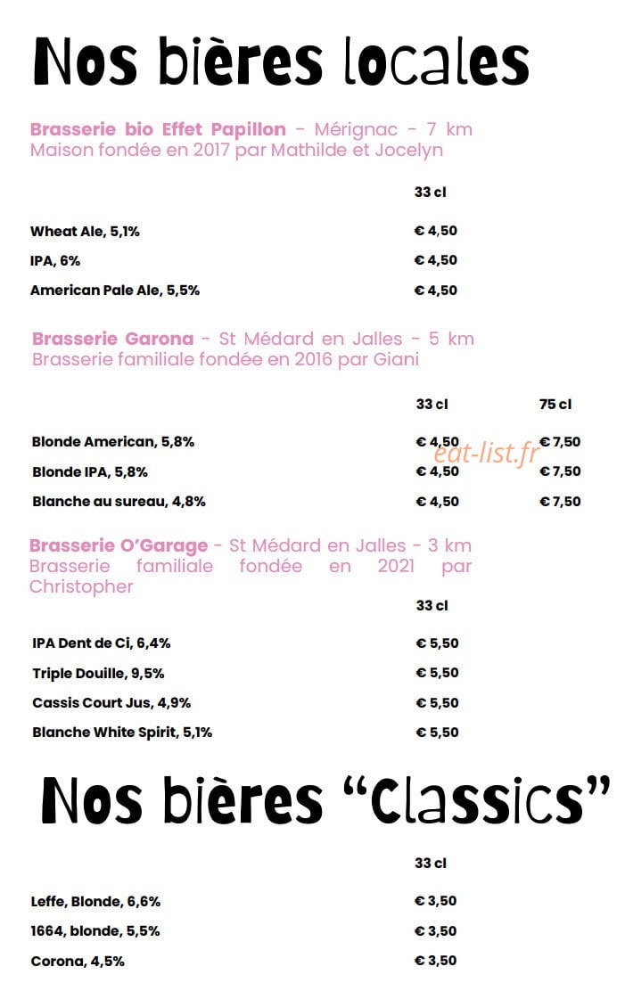 Carte et menu de À la Folie Pizzeria à Saint Medard en Jalles — Les bières