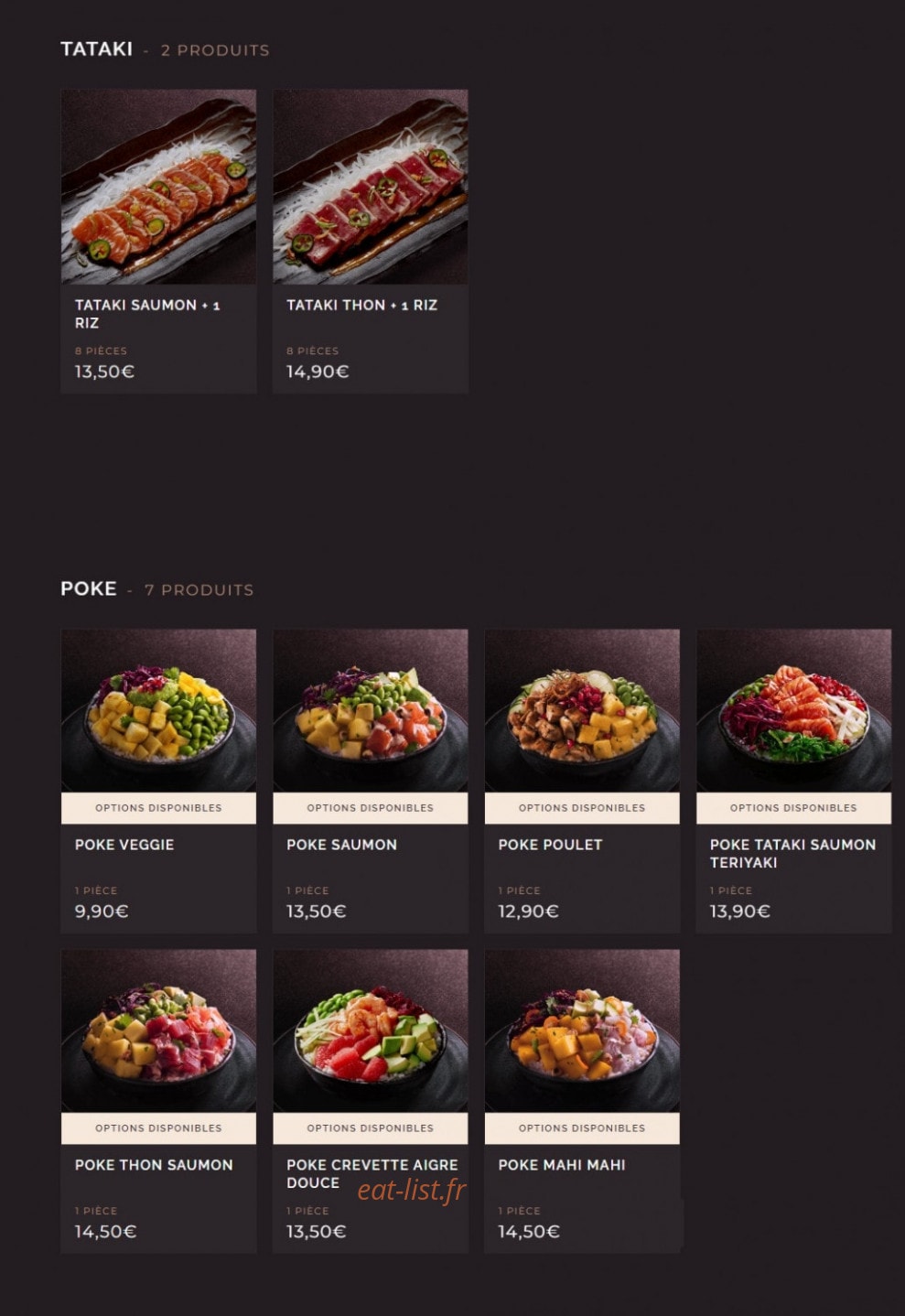 Carte et menu de Côté Sushi à Saint Medard en Jalles — Les tatakis et pokes