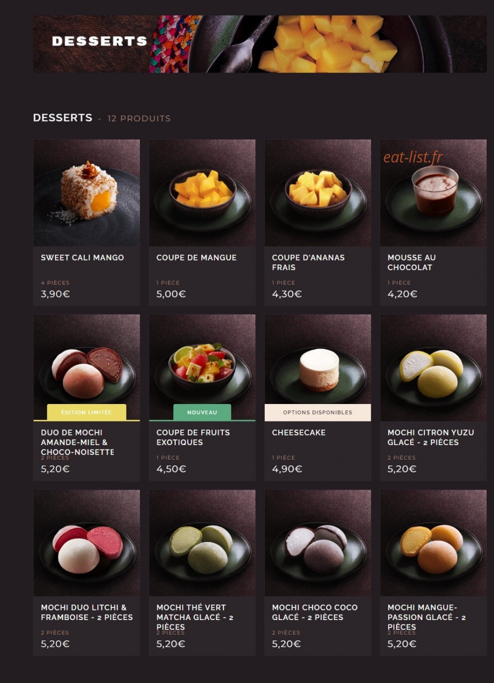 Carte et menu de Côté Sushi à Saint Medard en Jalles — Les desserts
