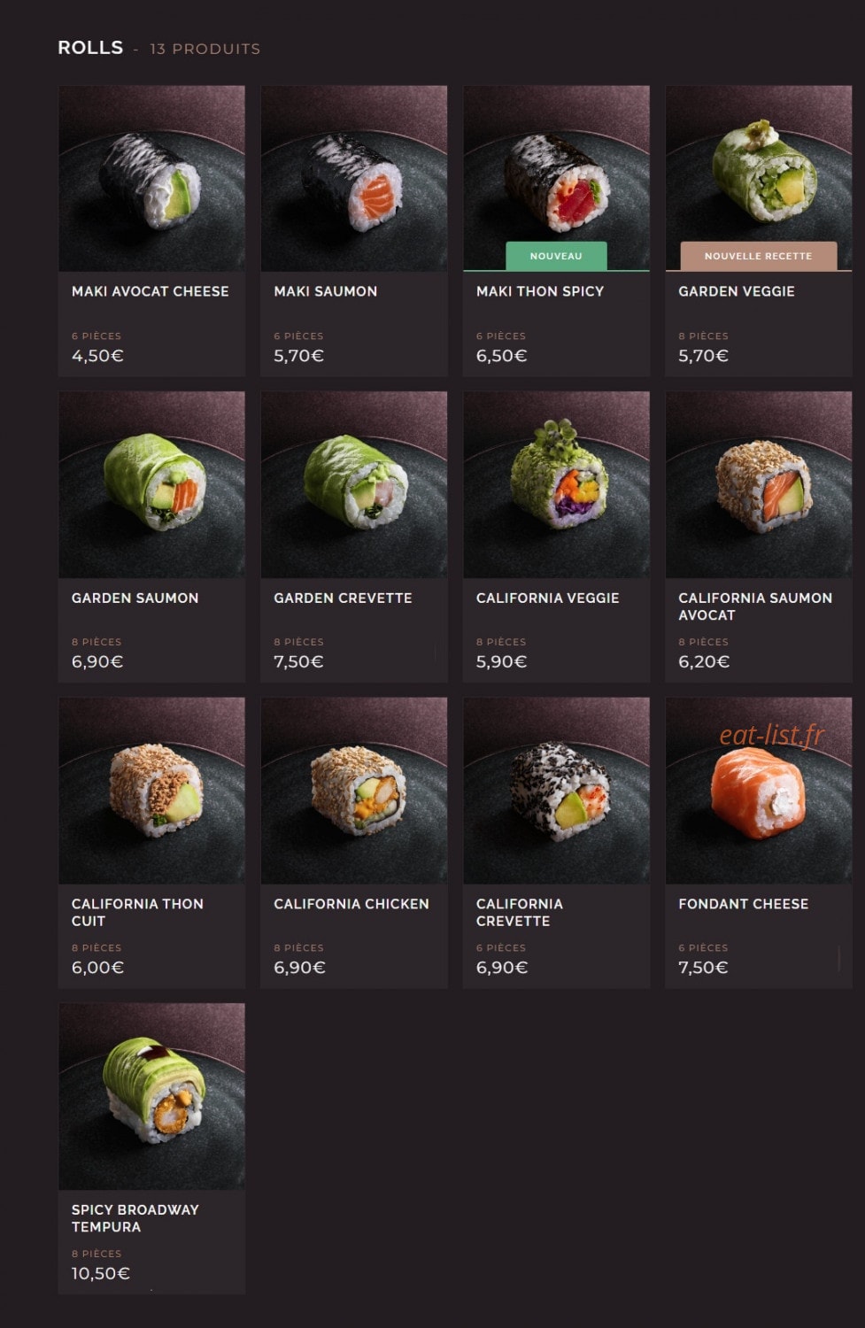 Carte et menu de Côté Sushi à Saint Medard en Jalles — Les rolls