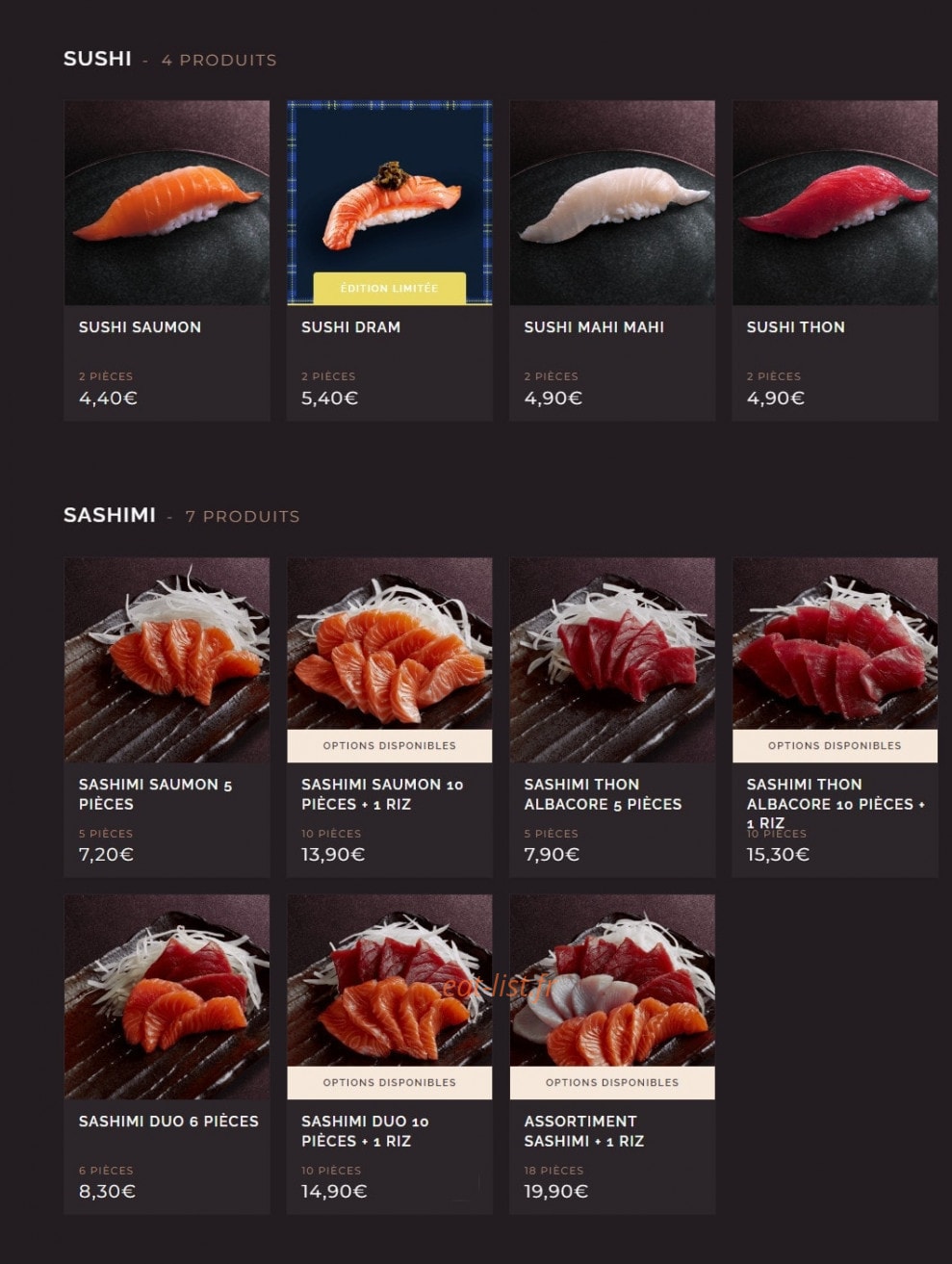 Carte et menu de Côté Sushi à Saint Medard en Jalles — Les sushis et sashimis