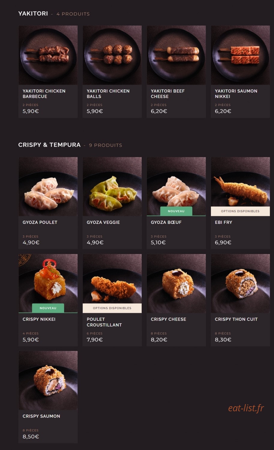 Carte et menu de Côté Sushi à Saint Medard en Jalles — Les yakitoris et crispy et tempuras