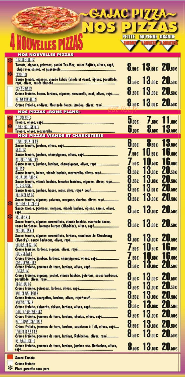 Gajac Pizza — carte page 1