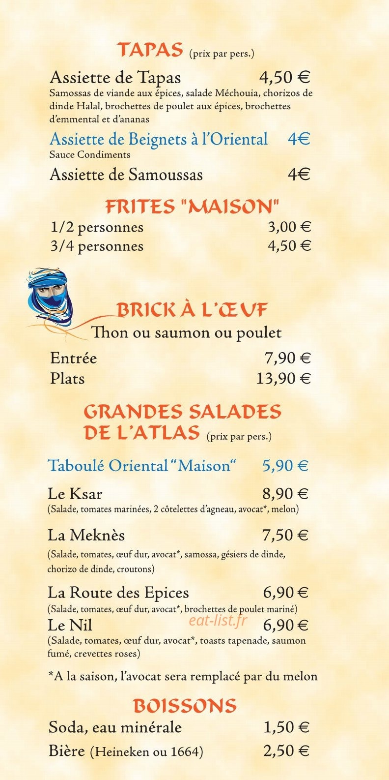 Carte et menu de La Route des Epices à Saint Medard en Jalles — Tapas, frites, boissons,....