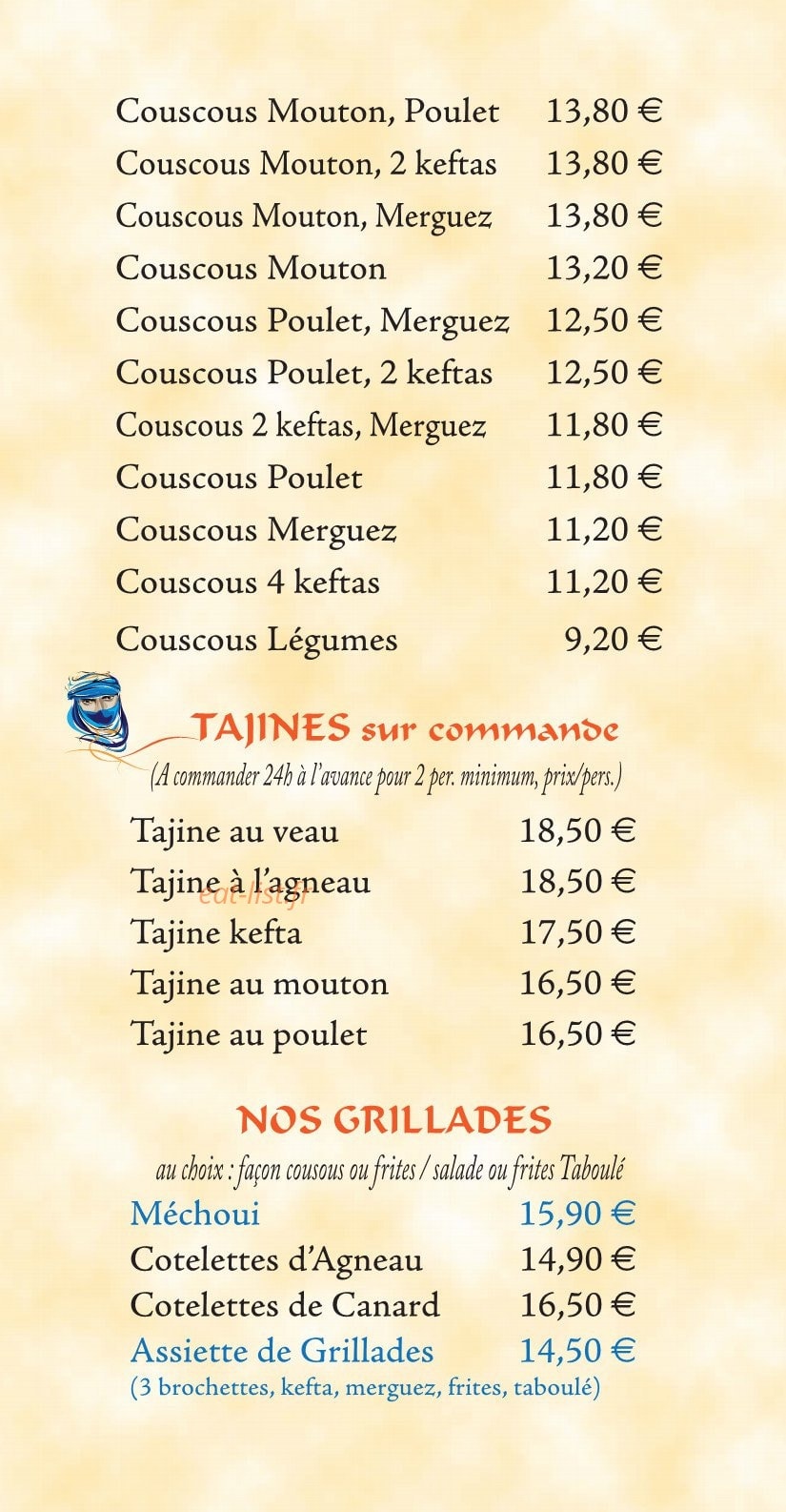 Carte et menu de La Route des Epices à Saint Medard en Jalles — Couscous à emporter suite, tajines et grillades