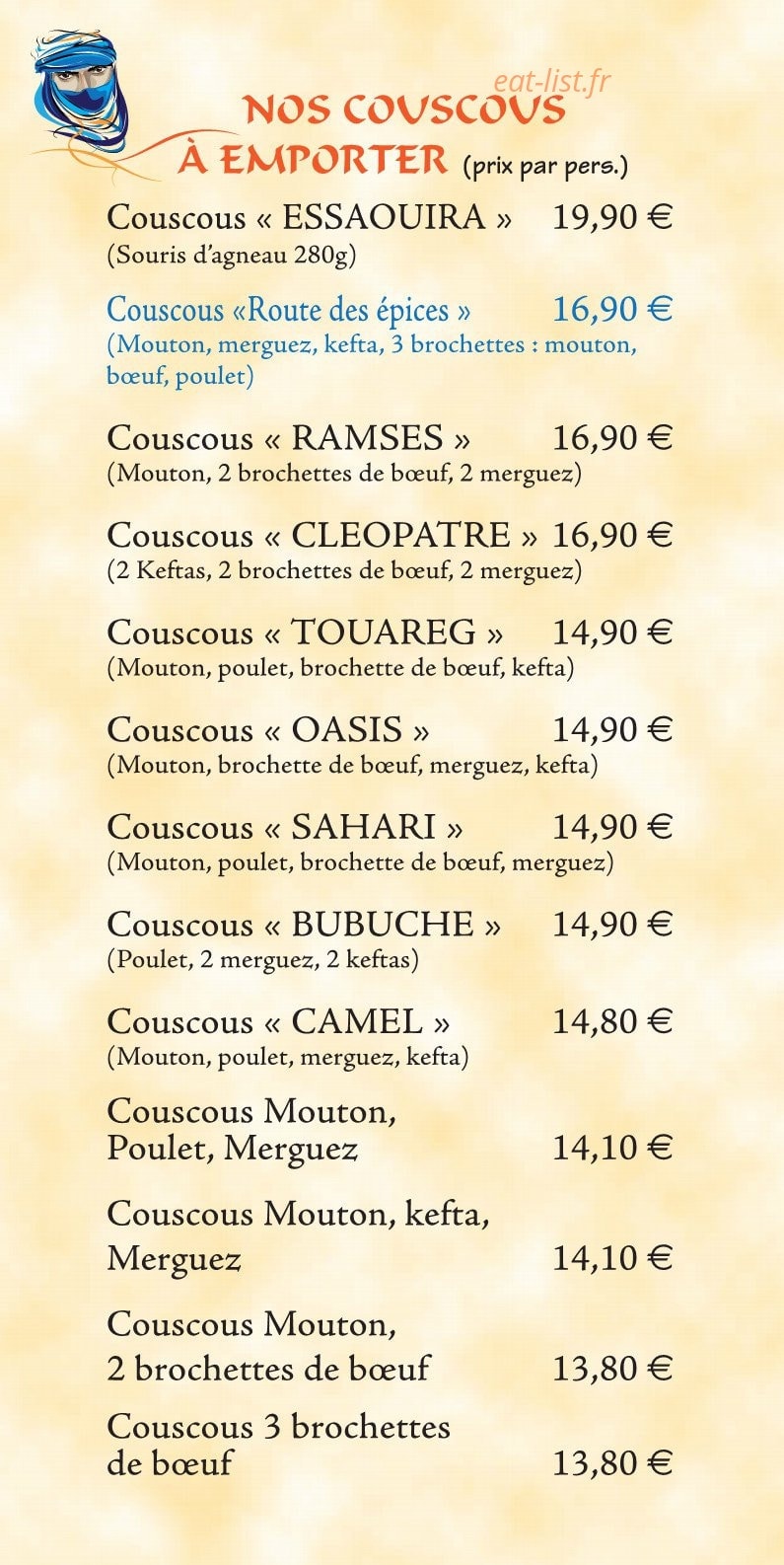 Carte et menu de La Route des Epices à Saint Medard en Jalles — Couscous à emporter