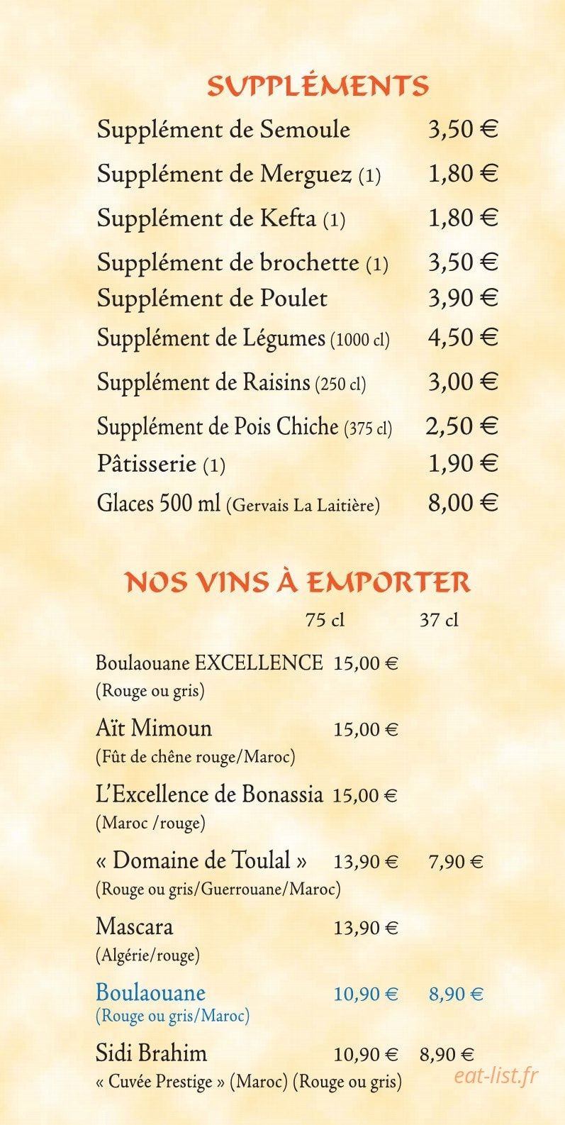 Carte et menu de La Route des Epices à Saint Medard en Jalles — Suppléments et vin